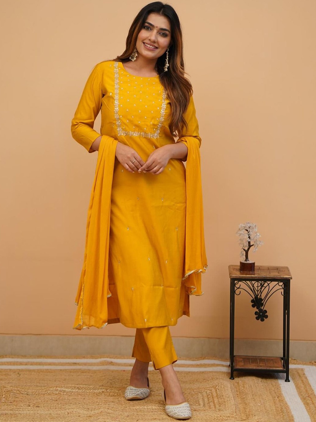 

KALINI Embellished Round Neck Thread Work Kurta With Trousers & Dupatta, Yellow