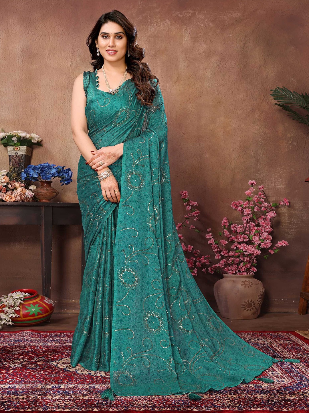 

DIVASTRI Embellished Beads and Stones Satin Saree, Teal