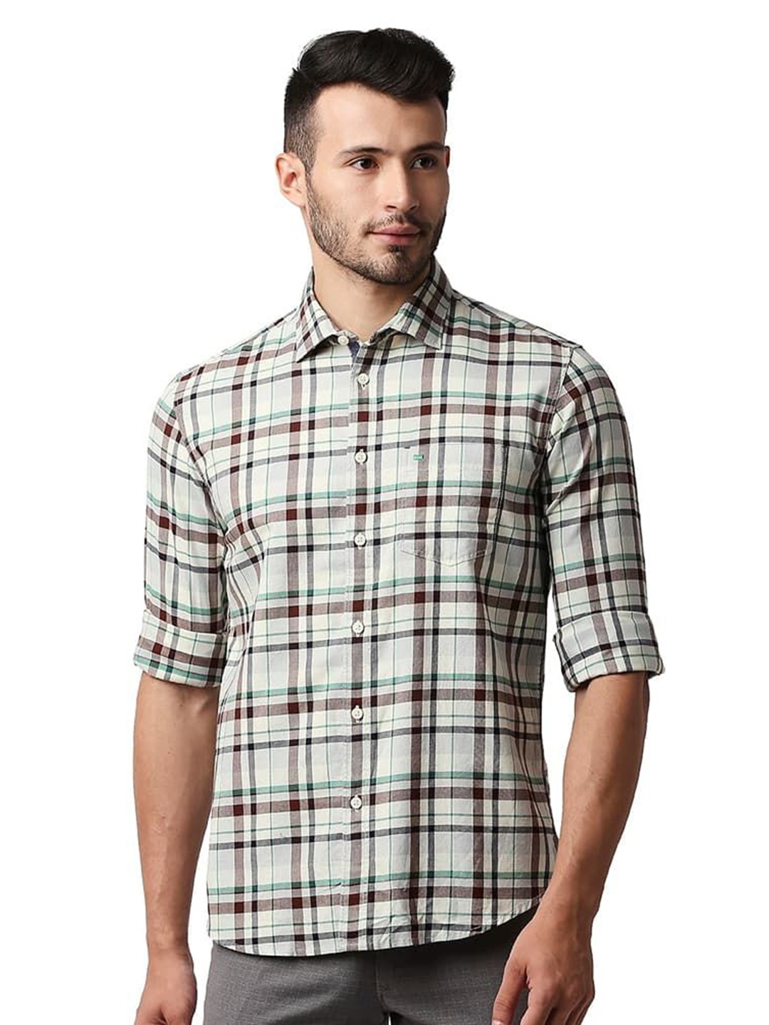 

Basics Men Relaxed Fit Spread Collar Tartan Checked Cotton Casual Shirt, Beige