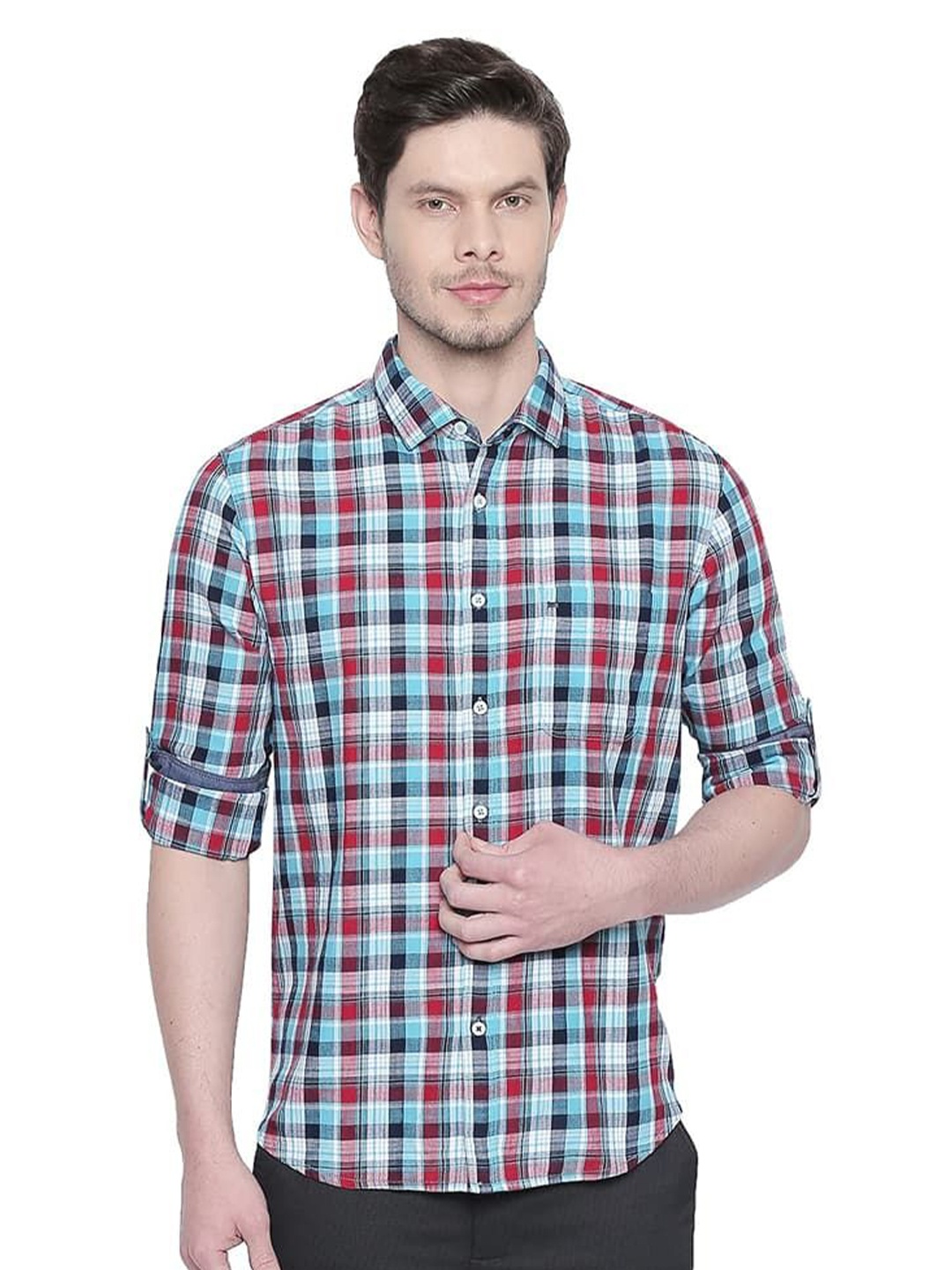 

Basics Men Relaxed Fit Spread Collar Checked Cotton Casual Shirt, Blue