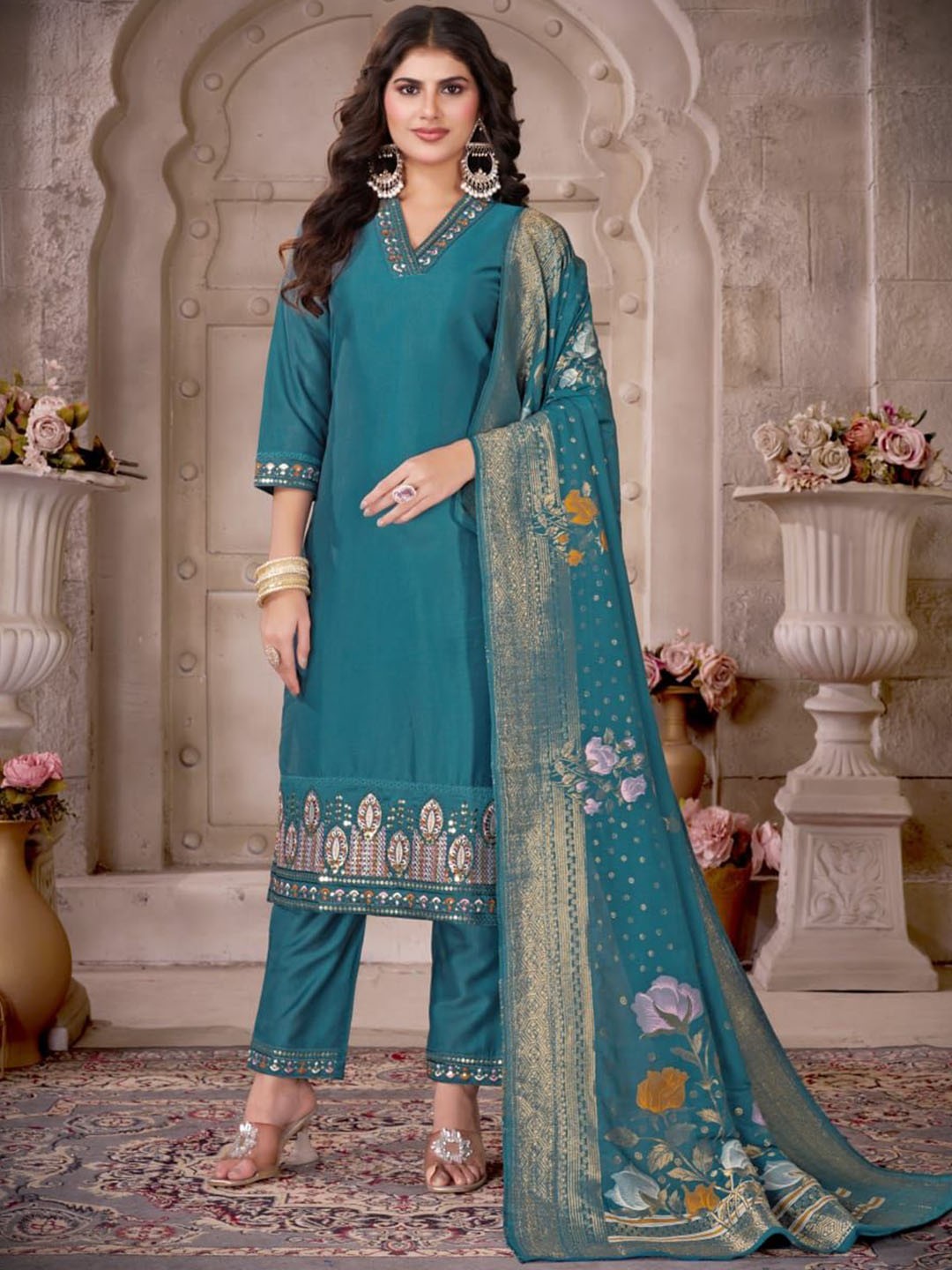 

PARROT CREATION Floral Yoke Design V-Neck Pure Silk Straight Kurta With Trouser & Dupatta, Turquoise blue