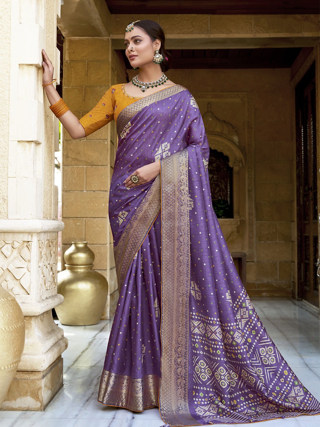 

A.V.M. SILK MILLS Bandhani Printed Zari Pure Georgette Saree, Purple