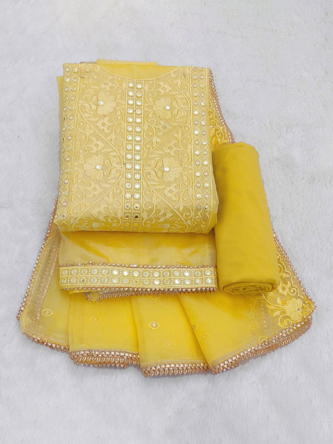 

Riti Floral Embroidered Mirror Work Unstitched Dress Material, Yellow