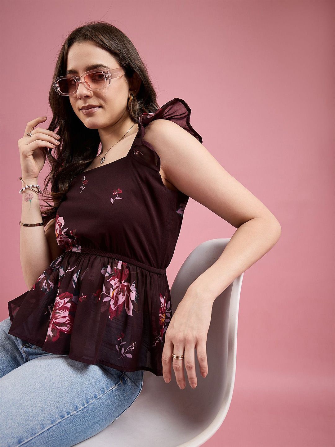 

DressBerry Women Floral Printed Square Neck Top, Maroon