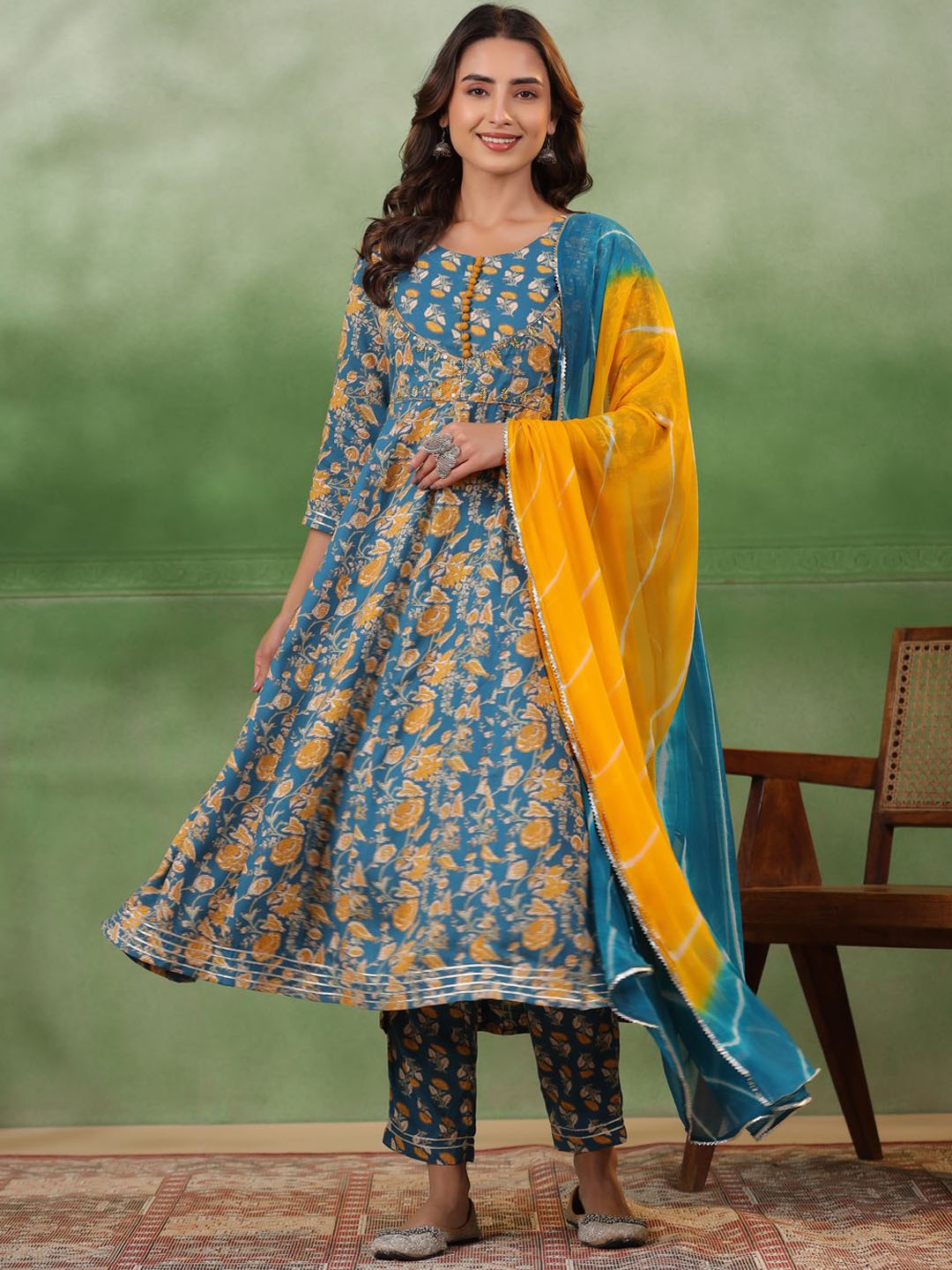 

Sangria Blue And Yellow Floral Printed Round Neck A-Line Kurta With Trouser