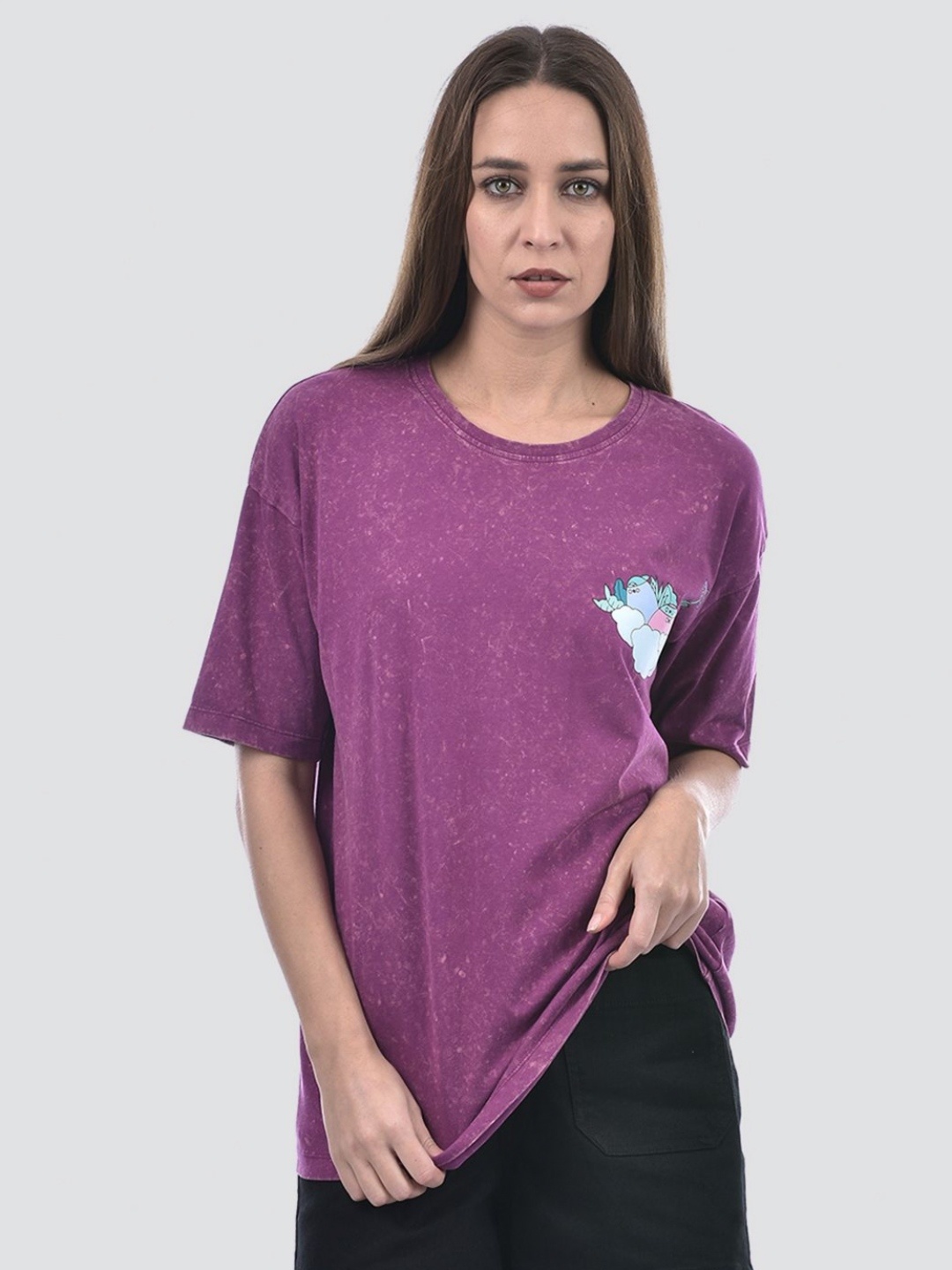

ONLY Women Graphic Printed Round Neck Cotton Oversized T-shirt, Purple