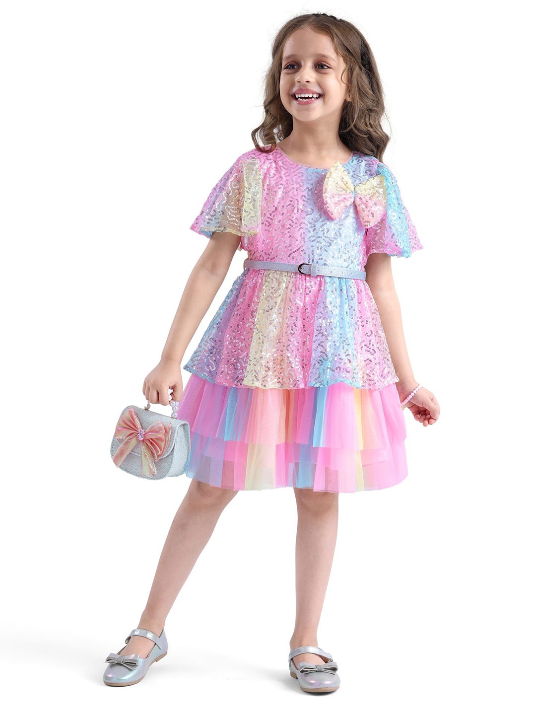 

Hola Bonita Girls Embellished Bow Detail Fit & Flare Dress with Belt, Pink