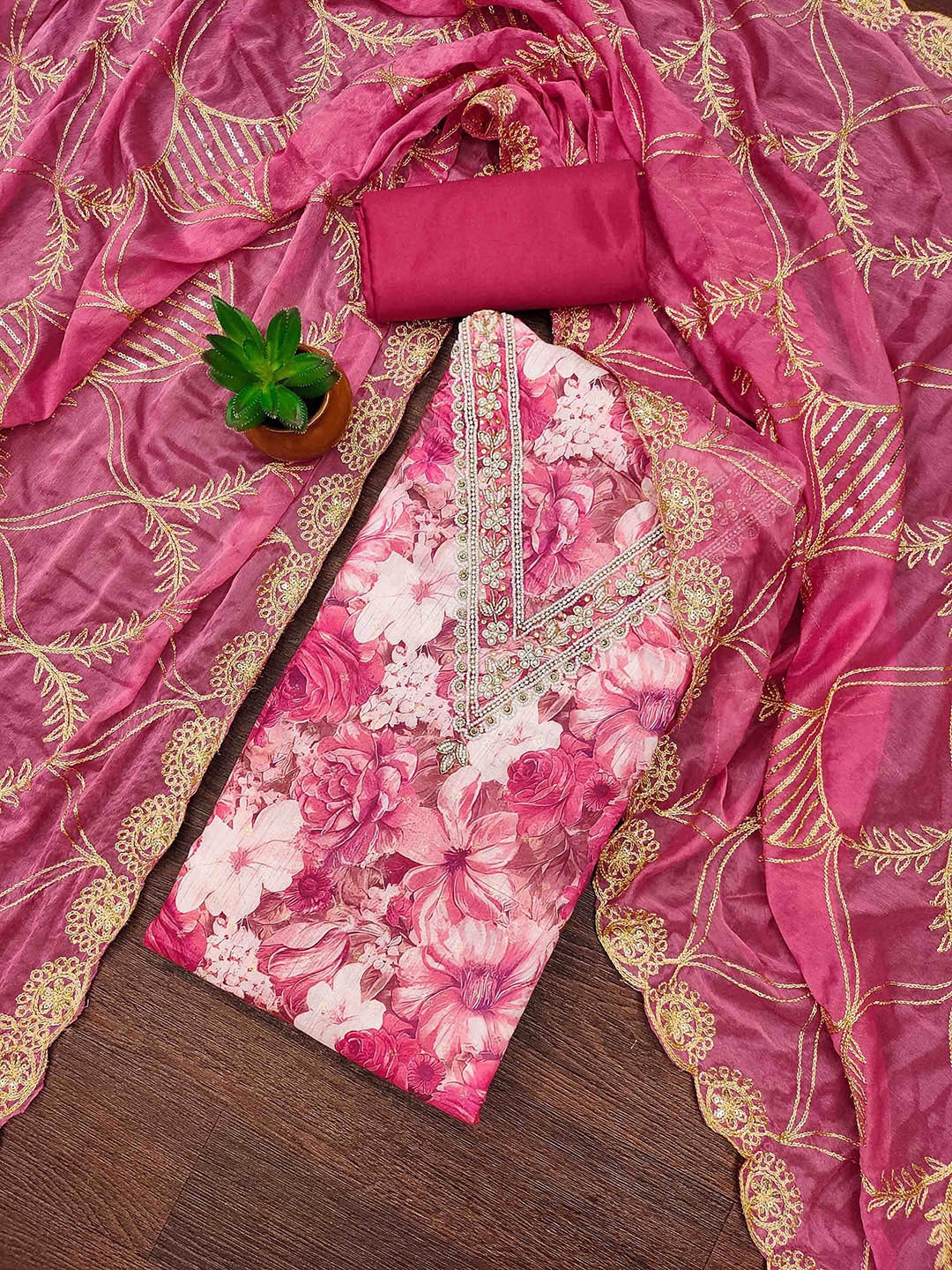 

KALINI Floral Printed Beads and Stones Unstitched Dress Material, Pink