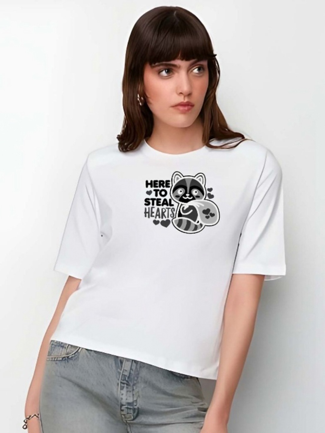 

DressBerry Women Graphic Printed Round Neck Cotton Boxy T-shirt, White