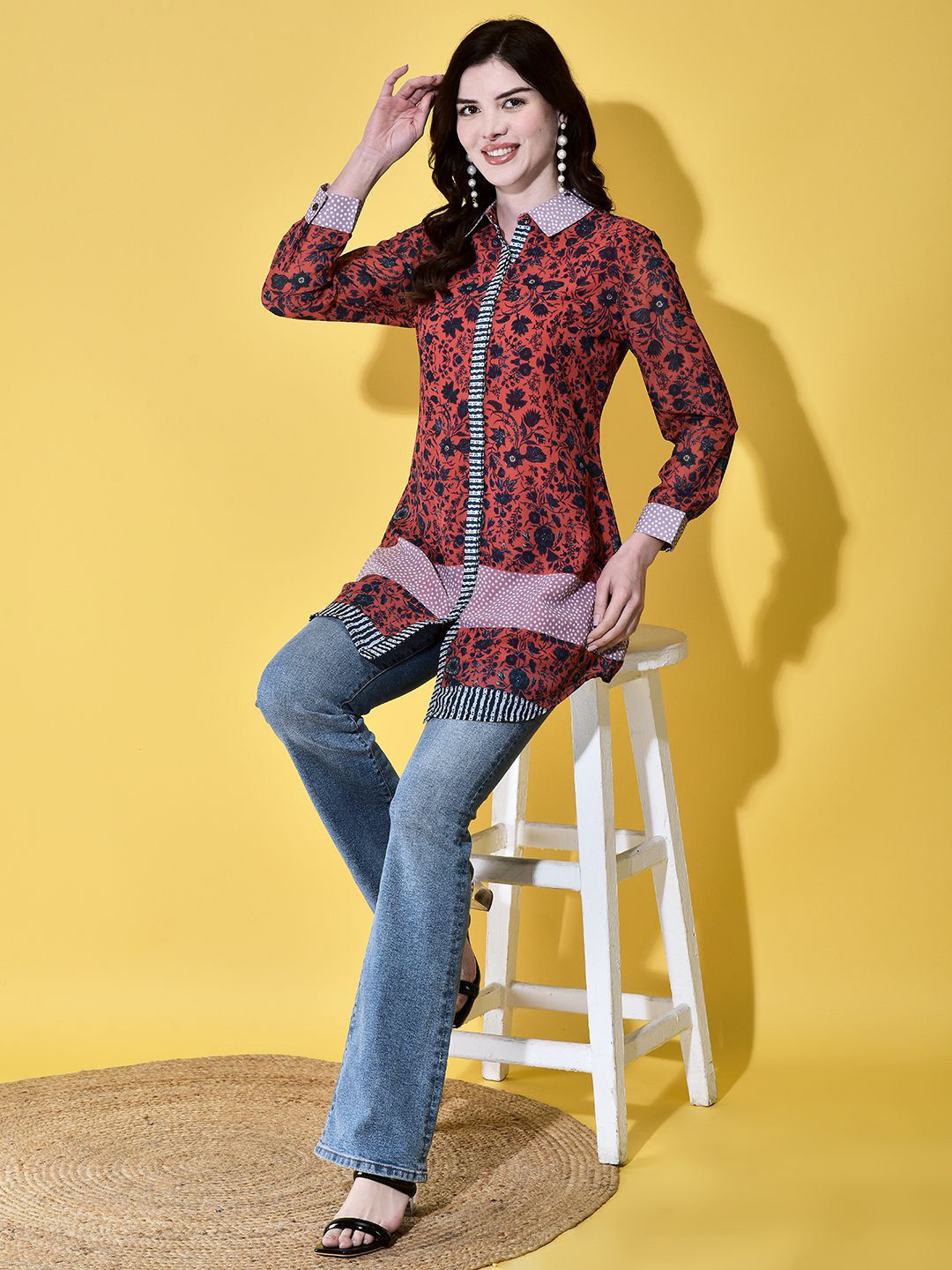 

FUTURO Women Floral Printed Shirt Collar Top, Red