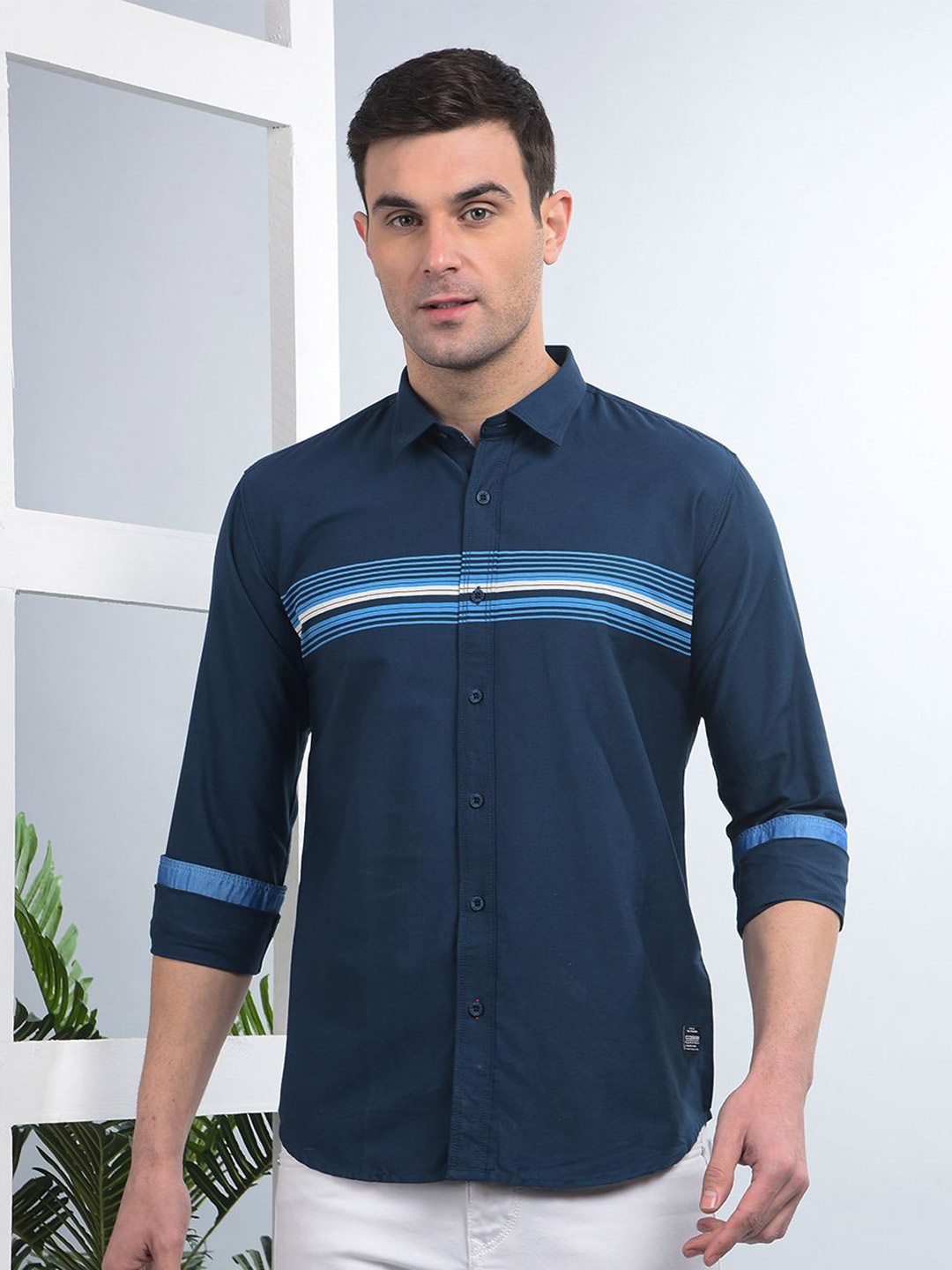 

COBB Men Spread Collar Horizontal Striped Cotton Casual Shirt, Navy blue