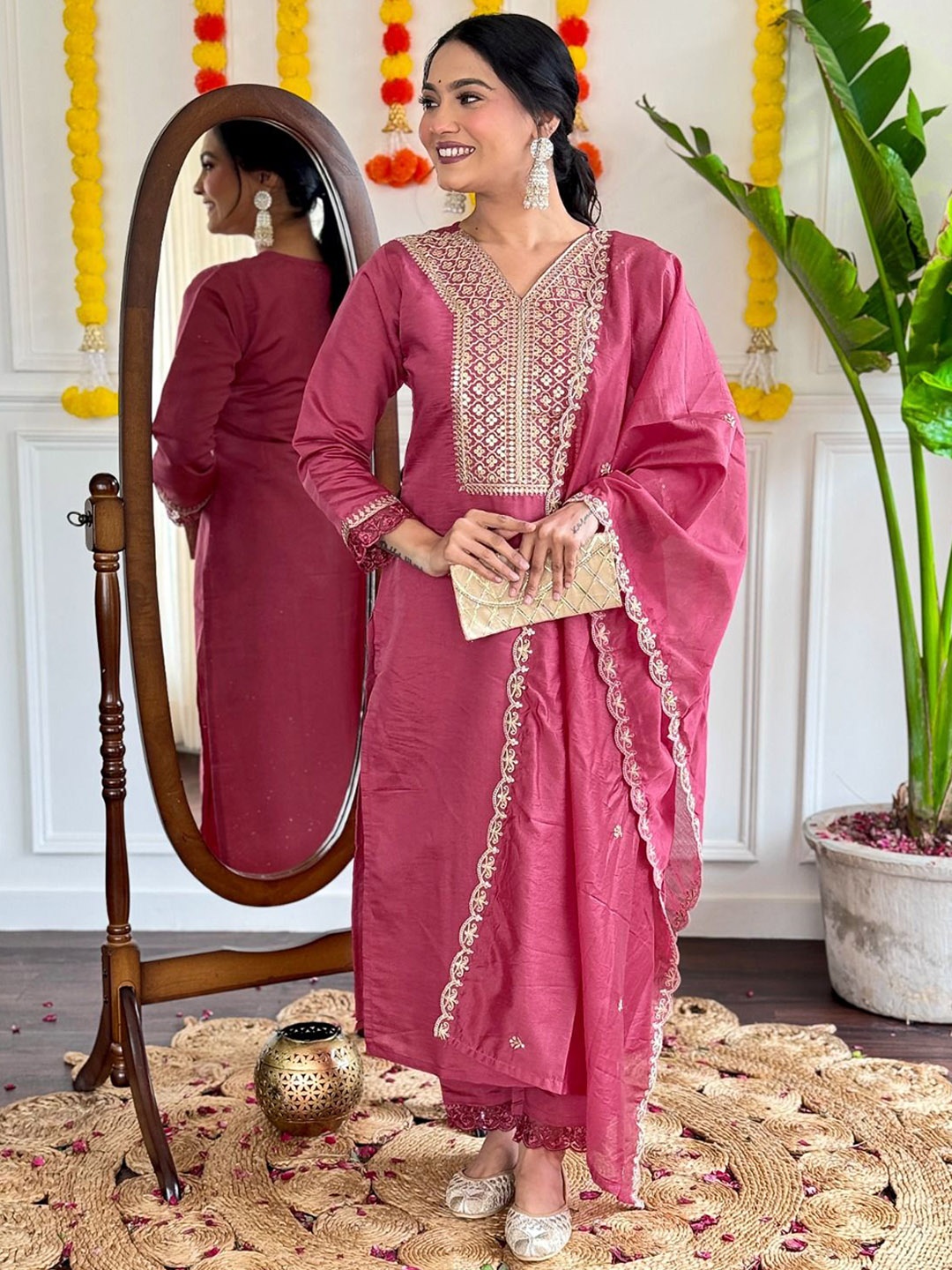 

KALINI Floral Yoke Design Sequinned V-Neck Kurta With Trousers And Dupatta, Pink