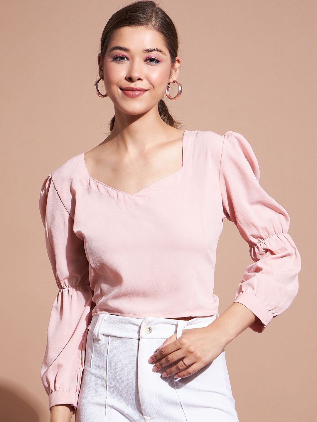 

DressBerry Puff Sleeve Crepe Crop Top, Pink