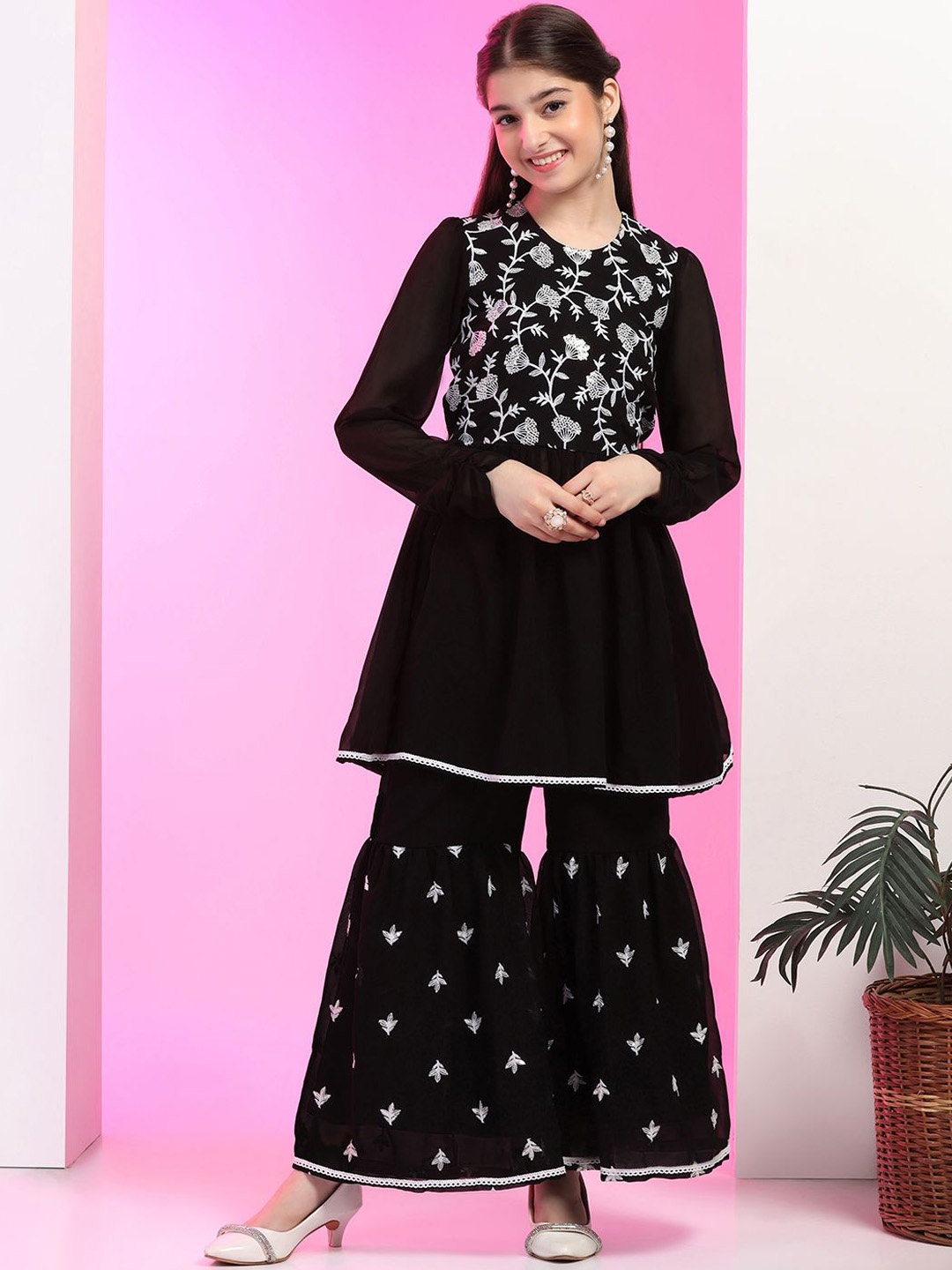 

Sangria Girls Black Floral Embroidered Georgette A-Line Kurta With Sharara