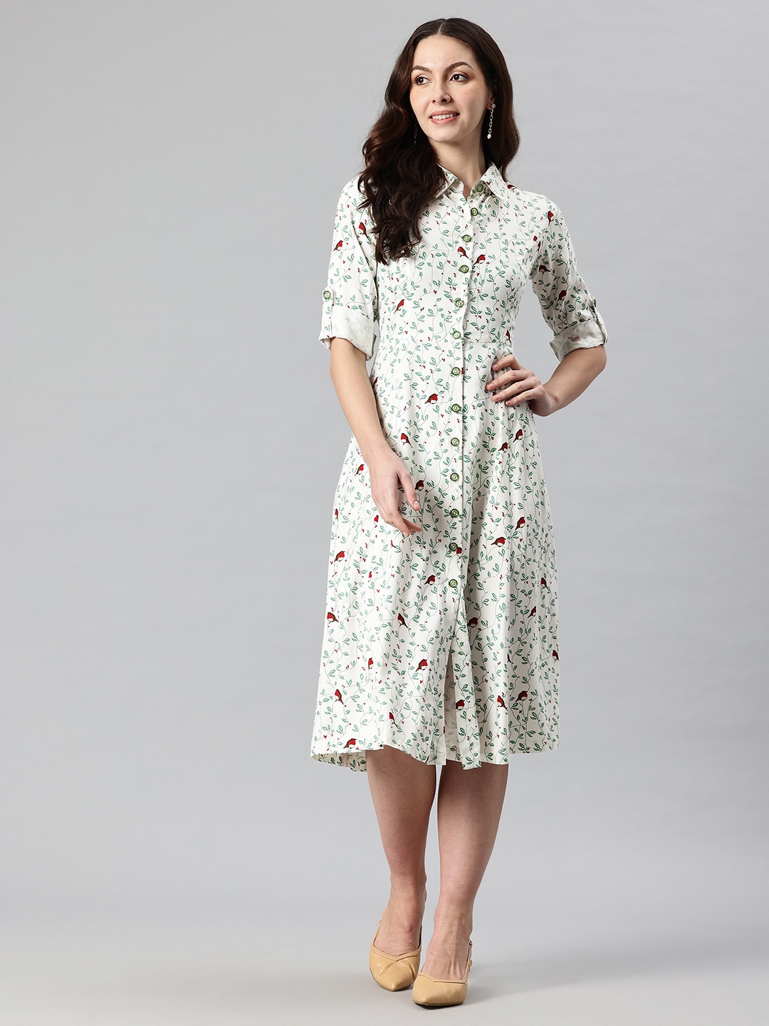 

Cottinfab Floral Printed Roll Up Sleeves Shirt Midi Dress, Off white