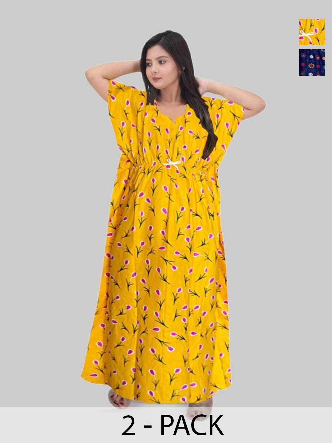 

PR PINK ROYAL Women Pack Of 2 Printed Pure Cotton Maxi Kaftan Nightdress, Yellow
