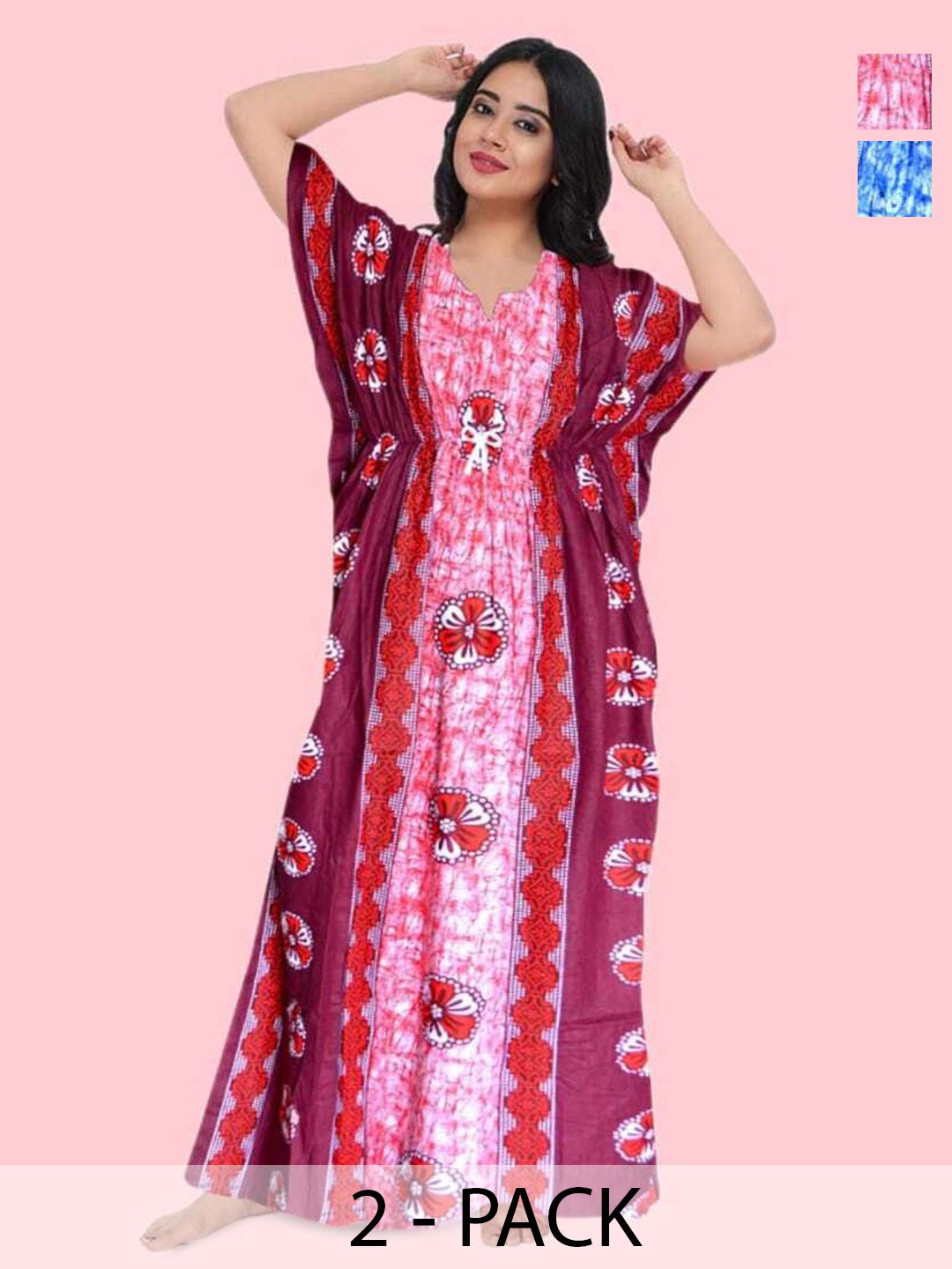 

PR PINK ROYAL Women Pack of 2 Pure Cotton Maxi Kaftan Nightdress, Red