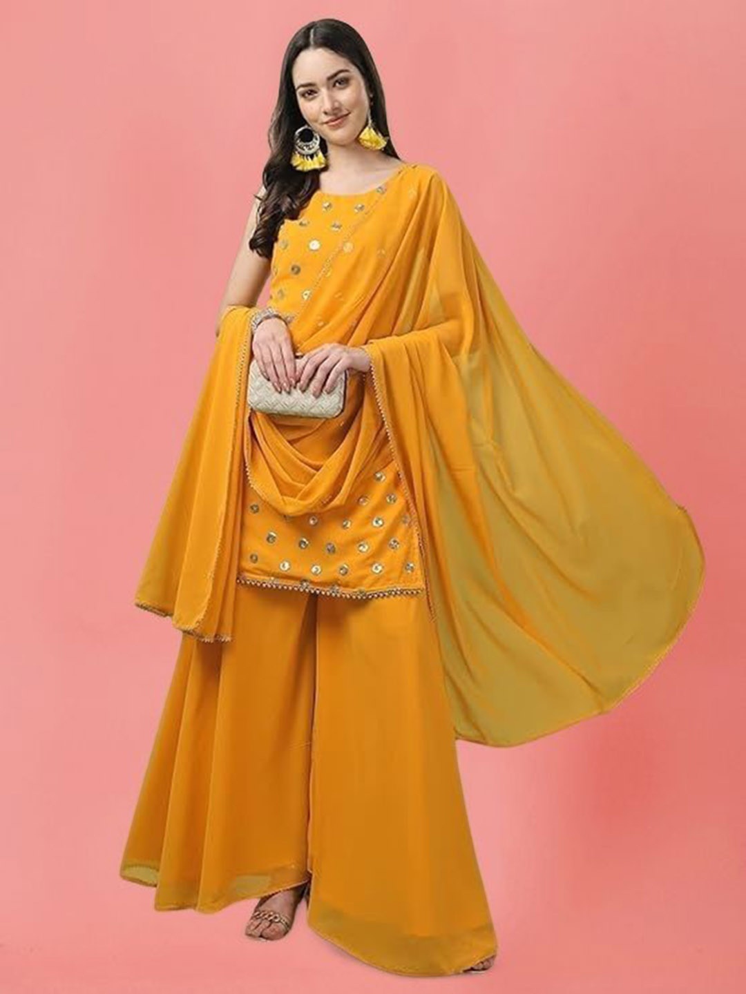 

PARROT CREATION Geometric Embroidered Sequinned Georgette Kurti with Sharara And Dupatta, Yellow