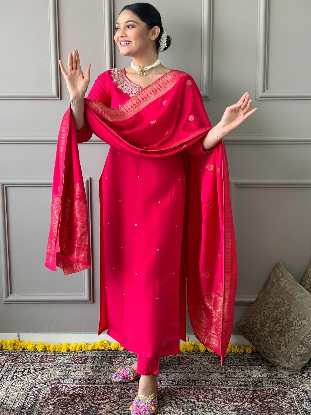 

KALINI Floral Embroidered Notch Neck Kurta With Trousers And Dupatta, Pink