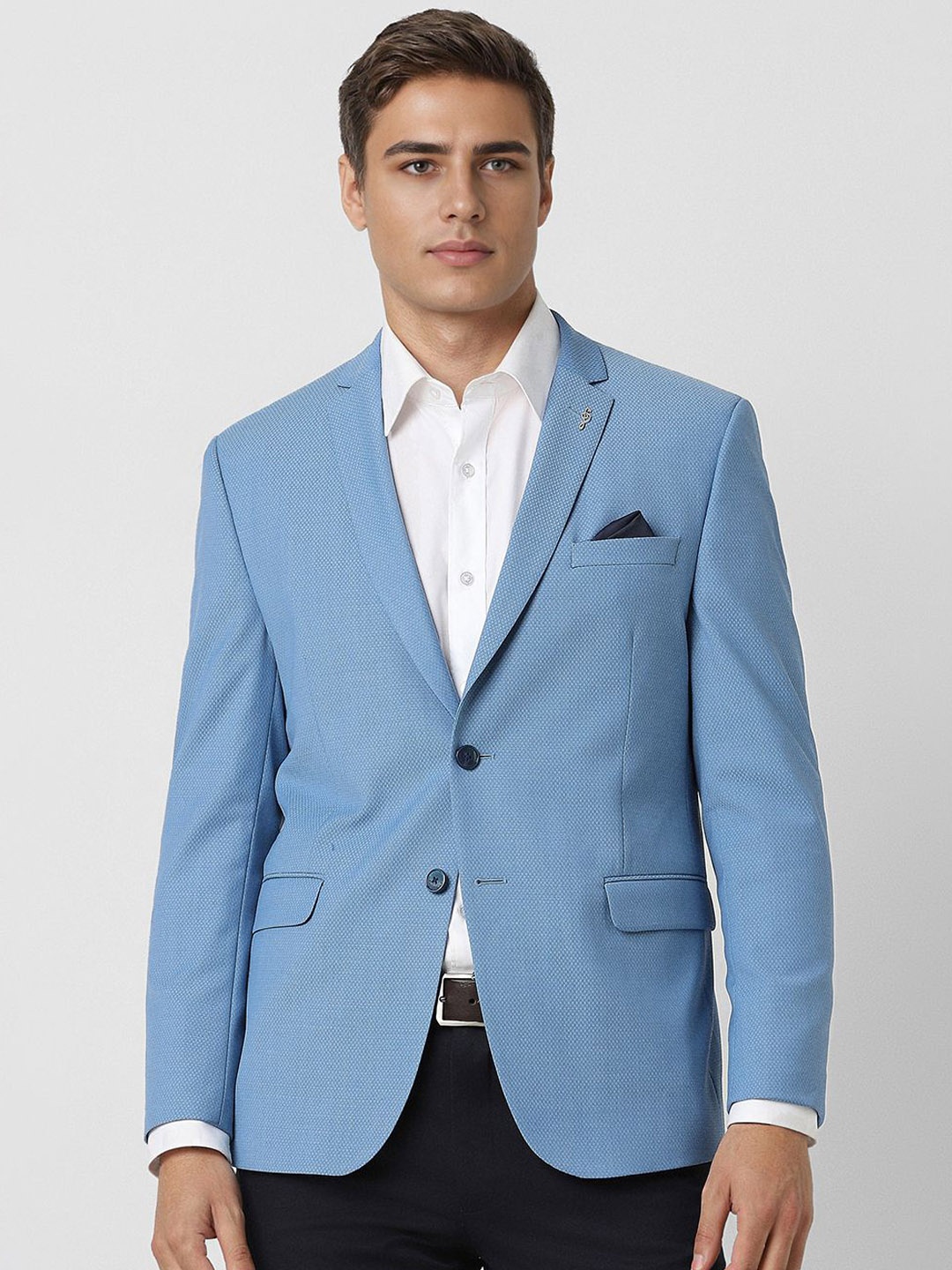 

Van Heusen Self Design Notched Lapel Collar Slim Fit Single Breasted Formal Blazer, Blue