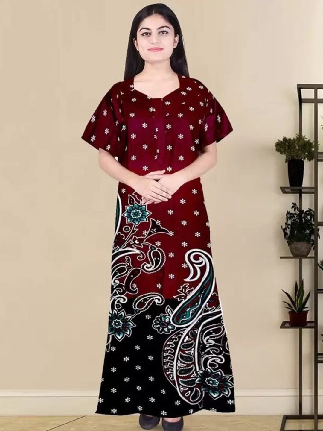 

PR PINK ROYAL Women Printed Pure Cotton Maxi Nightdress, Maroon