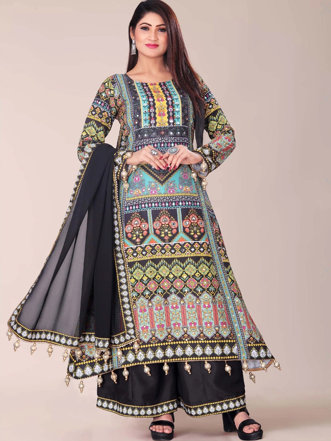 

NKV Ethnic Motifs Printed Mirror Work A-Line Kurta With Palazzos & Dupatta, Black