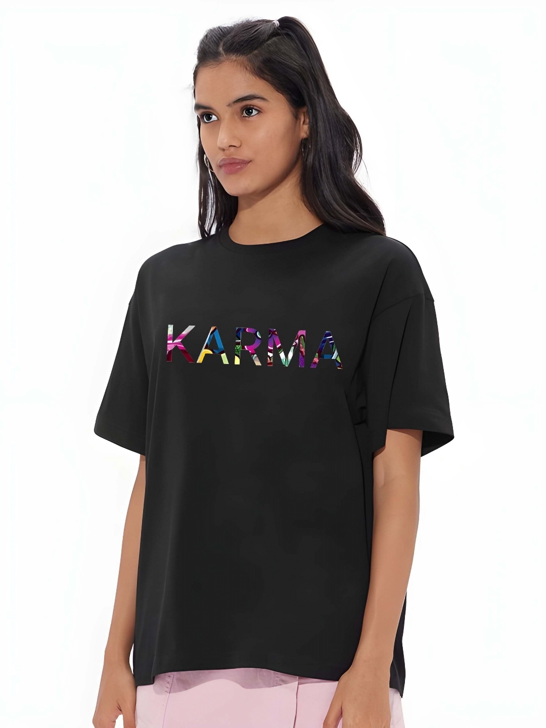 

SZN Women Typography Printed Round Neck Cotton Oversized T-shirt, Black