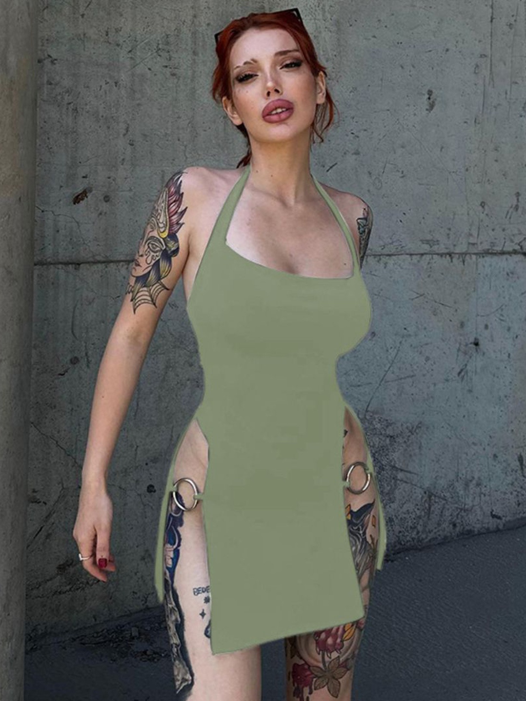 

StyleCast Women Halter Neck Slide Slit Mini Sheath Dress, Green