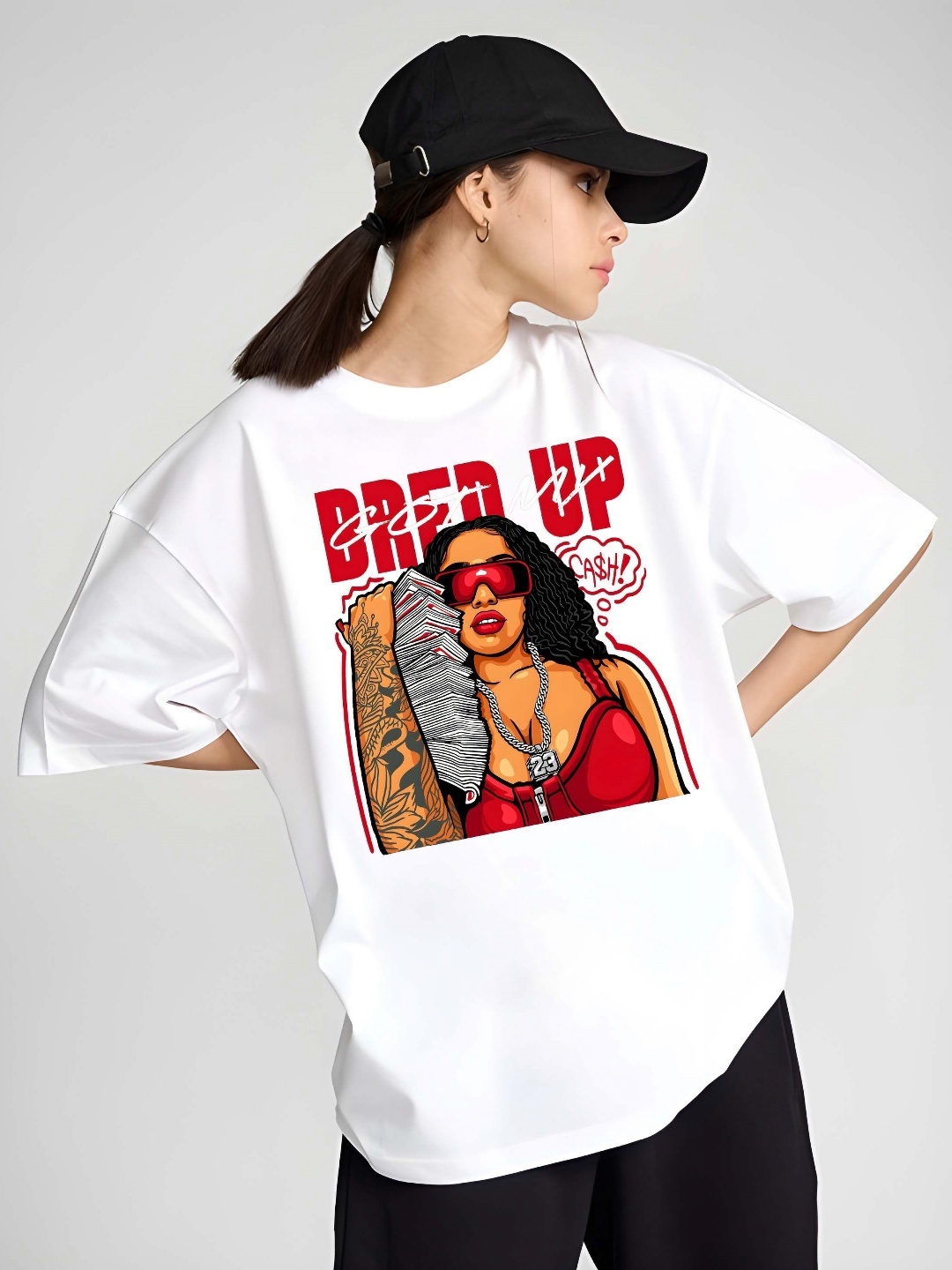 

SZN Women Graphic Printed Round Neck Cotton Oversized T-shirt, White
