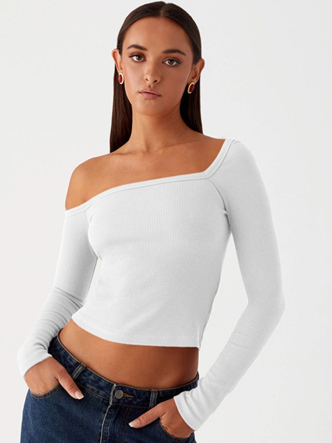 

StyleCast One Shoulder Extended Sleeves Crop Top, White