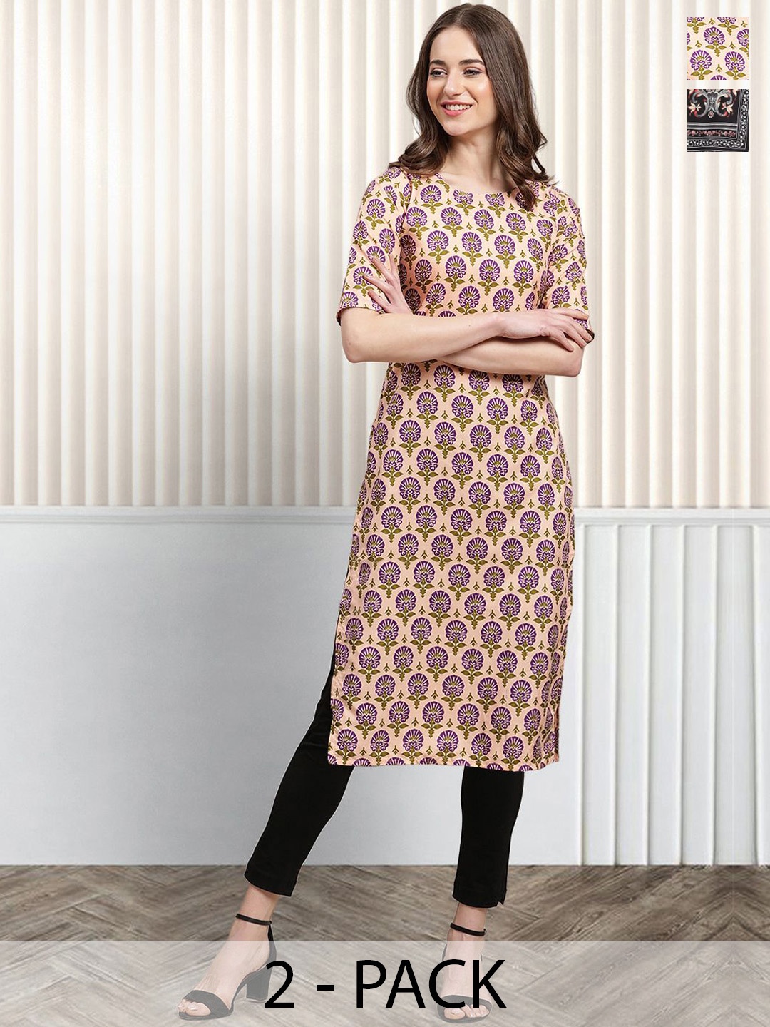 

Moda Rapido Set of 2 Ethnic Printed Round Neck Straight Kurtas, Beige