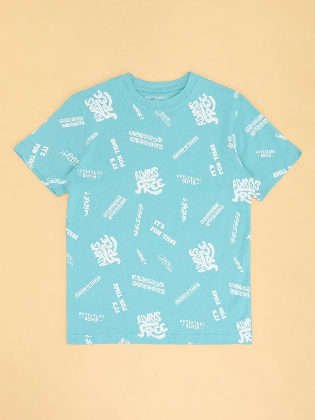 

Pantaloons Junior Boys Typography Printed Round Neck Cotton T-shirt, Turquoise blue