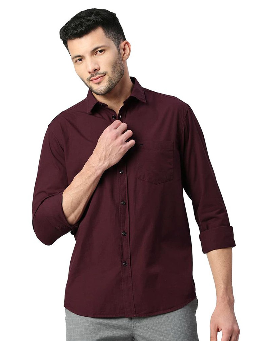 

Basics Men Relaxed Fit Spread Collar Solid Cotton Casual Shirt, Maroon
