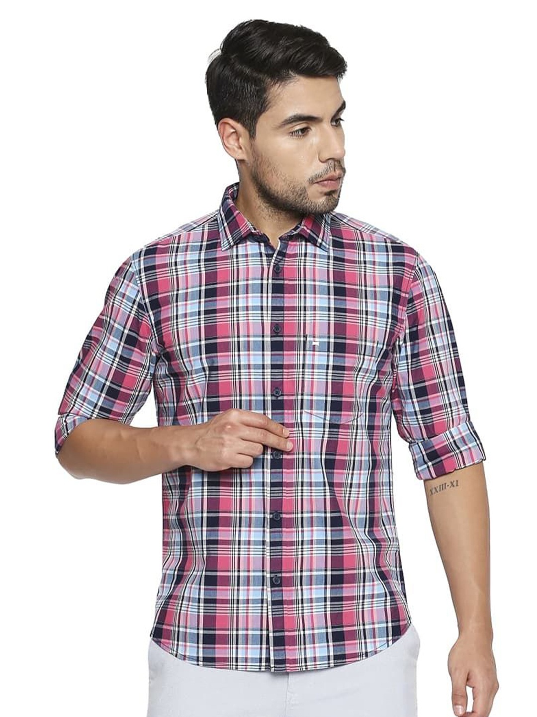 

Basics Men Relaxed Fit Spread Collar Tartan Checked Cotton Casual Shirt, Pink