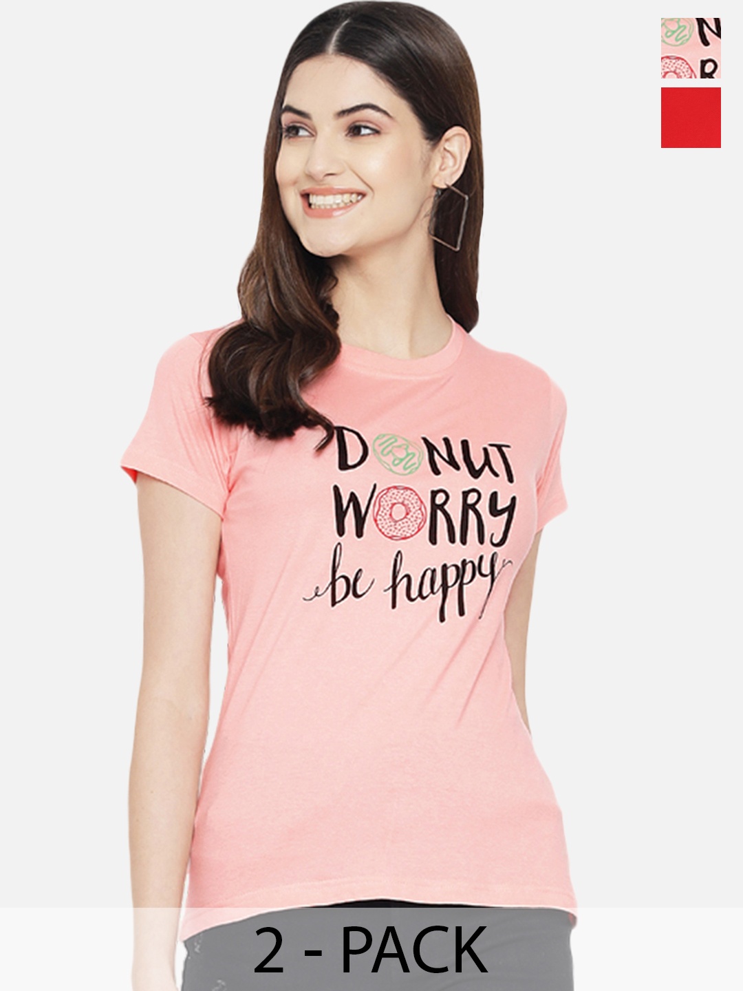 

Dreambe Women Pack Of 2 Graphic Printed Round Neck Cotton T-shirts, Peach
