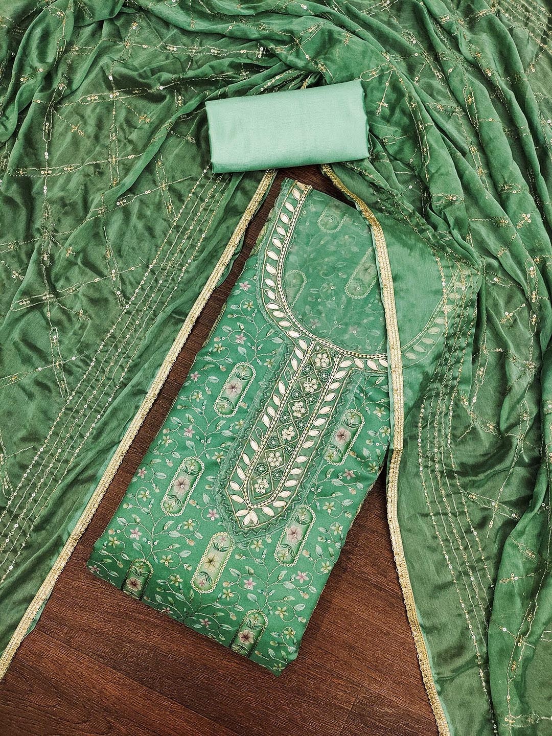 

HERE&NOW Floral Embellished Sequinned Organza Unstitched Dress Material, Green
