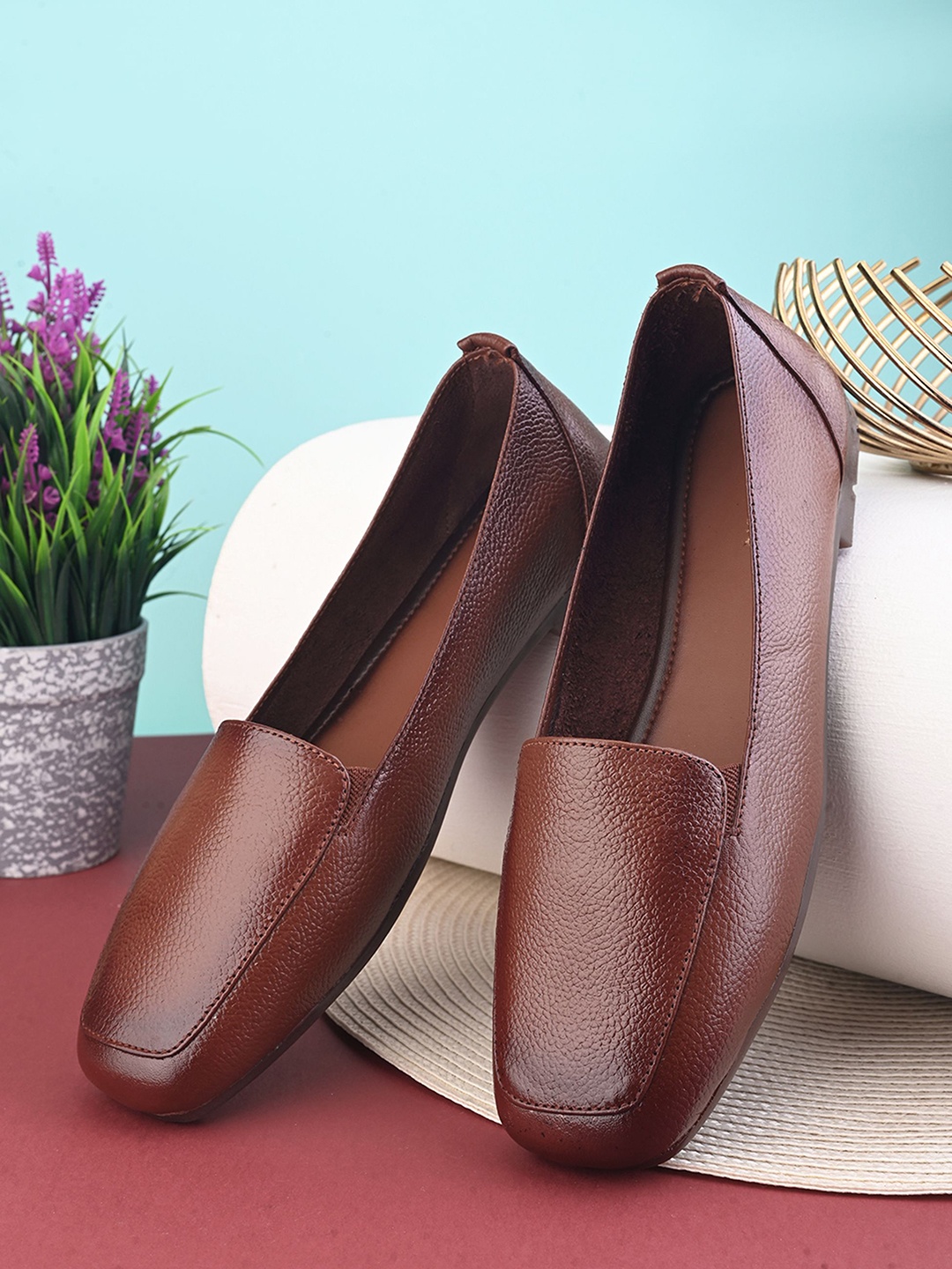 

pelle albero Women Round Toe Slip-On Leather Ballerinas, Brown