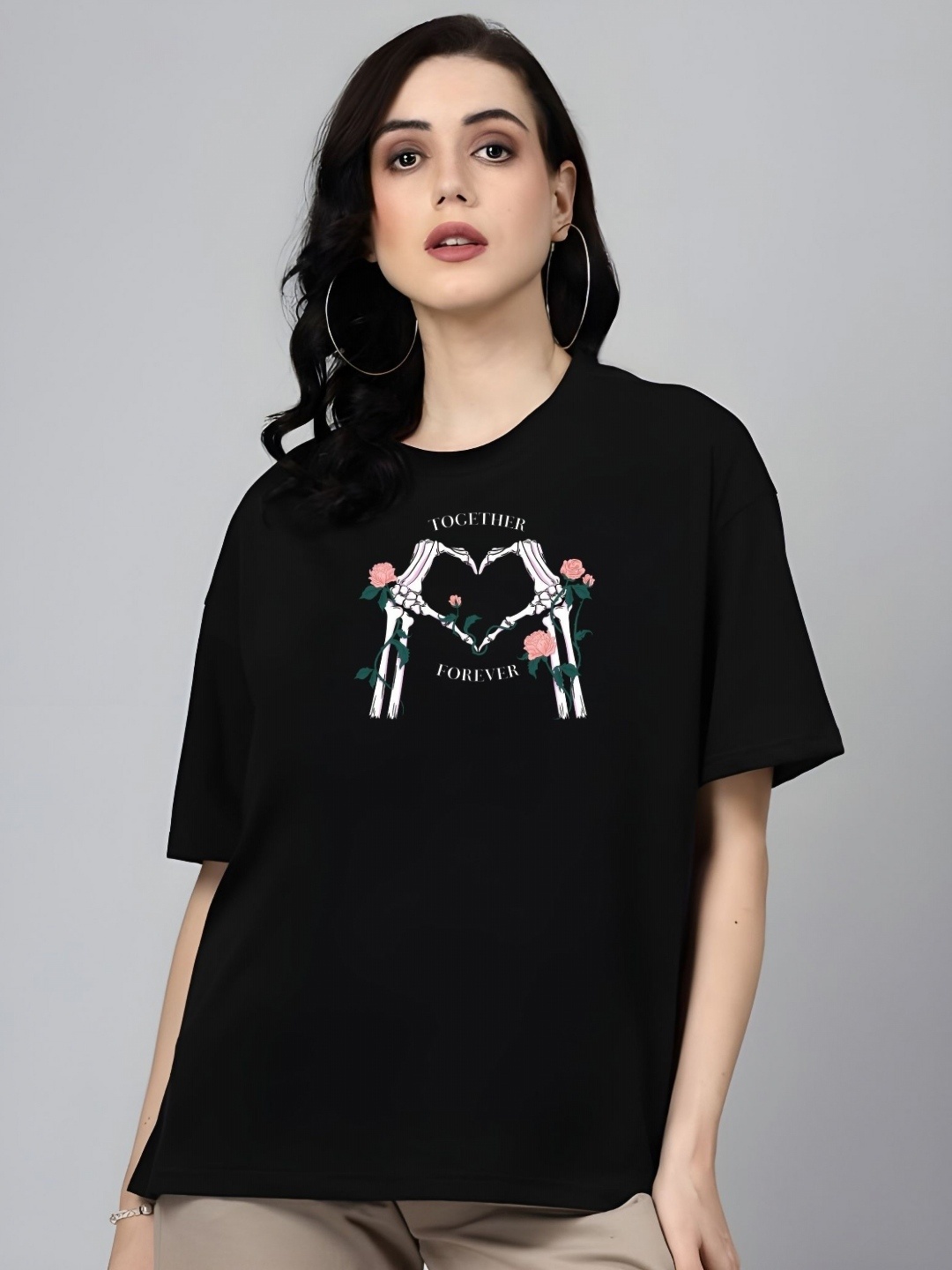 

DressBerry Women Graphic Printed Round Neck Cotton Oversized T-shirt, Black
