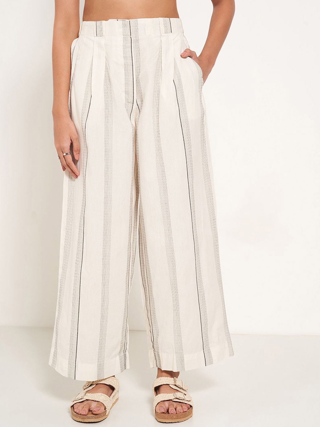 

AKKRITI BY PANTALOONS Women Cotton Striped High-Rise Parallel Trousers, White