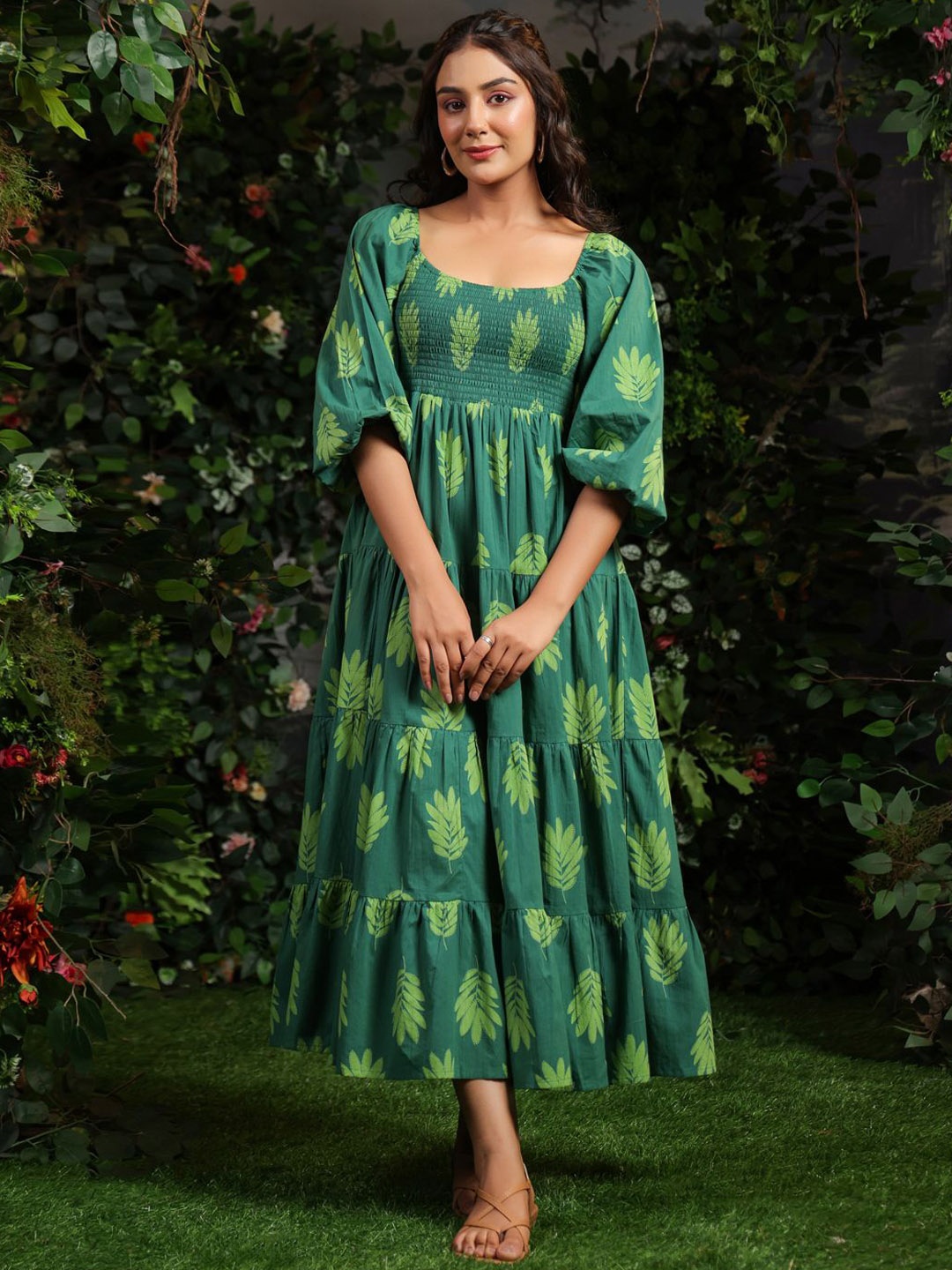 

Anayna Printed Puff Sleeves Cotton Maxi Ethnic Dress, Green