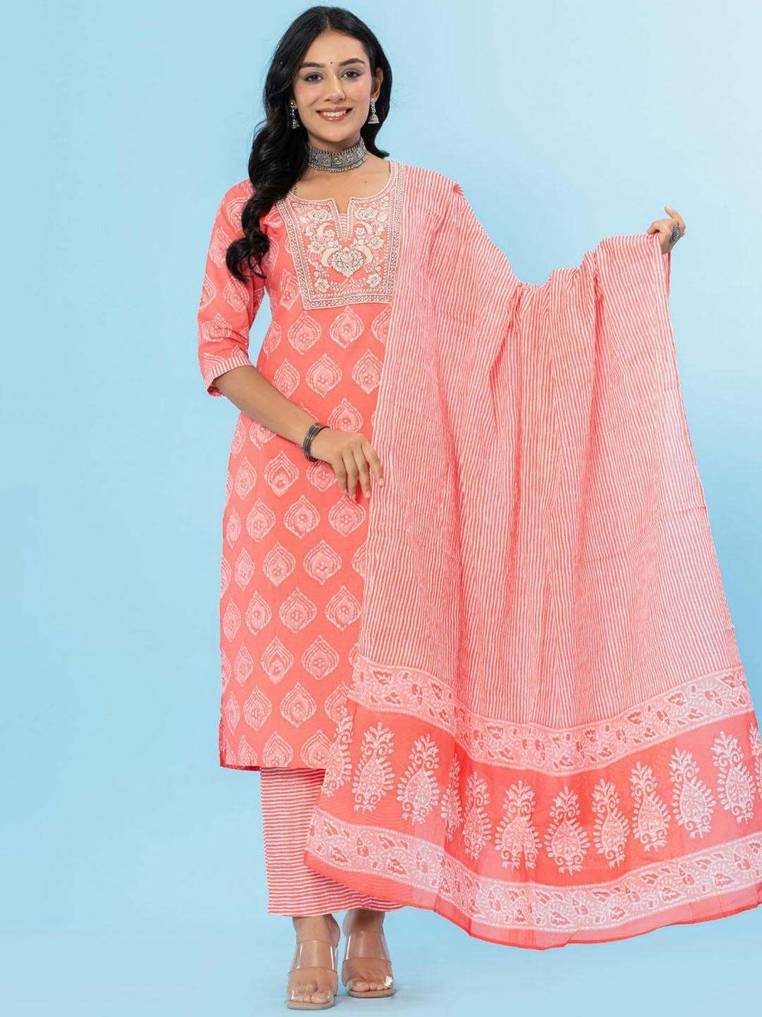 

Amayra Floral Printed Notch Neck Pure Cotton Straight Kurta With Trousers & Dupatta, Peach