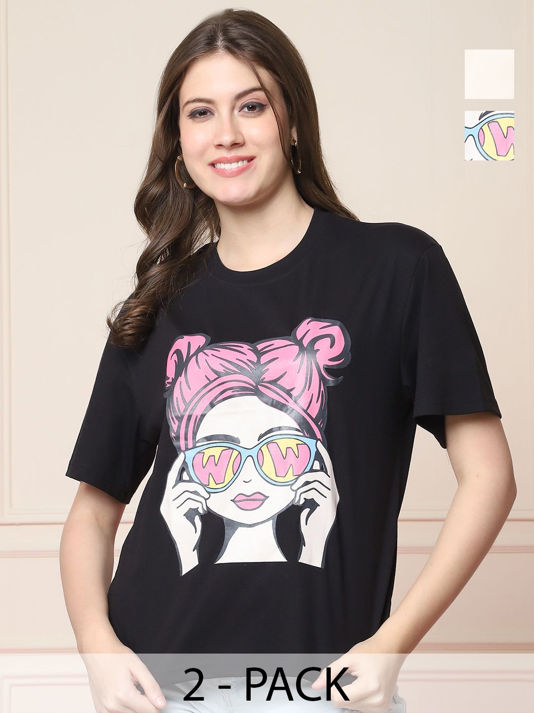 

Dreambe Women Pack Of 2 Graphic Printed Round Neck Cotton Oversized T-shirts, Black