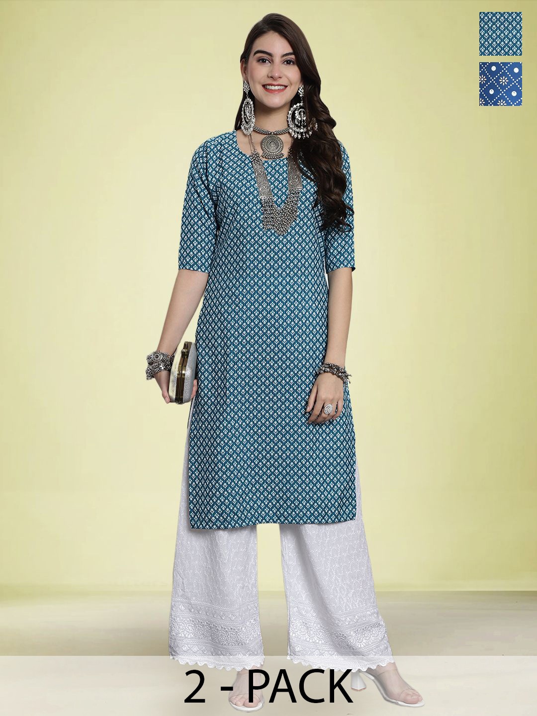 

Moda Rapido Set of 2 Ethnic Printed Round Neck Straight Kurtas, Blue