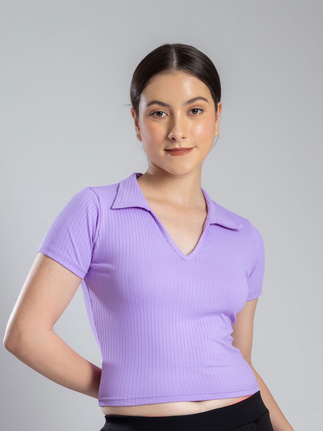 

PYR8 Women Polo V-Neck Ribbed Crop Top, Lavender