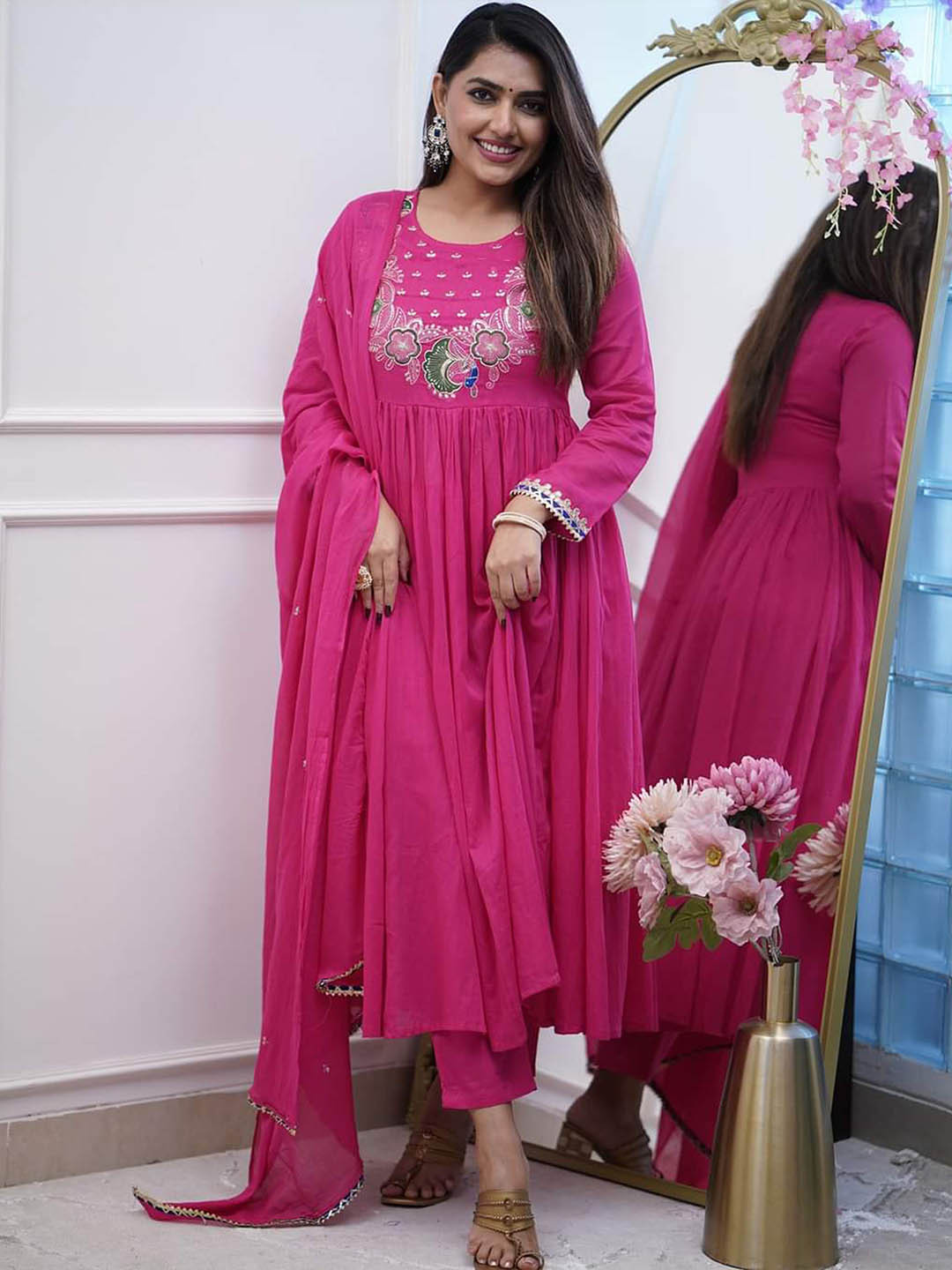 

Ekta Textiles Floral Yoke Design Round Neck Anarkali Kurta With Trouser & Dupatta, Pink