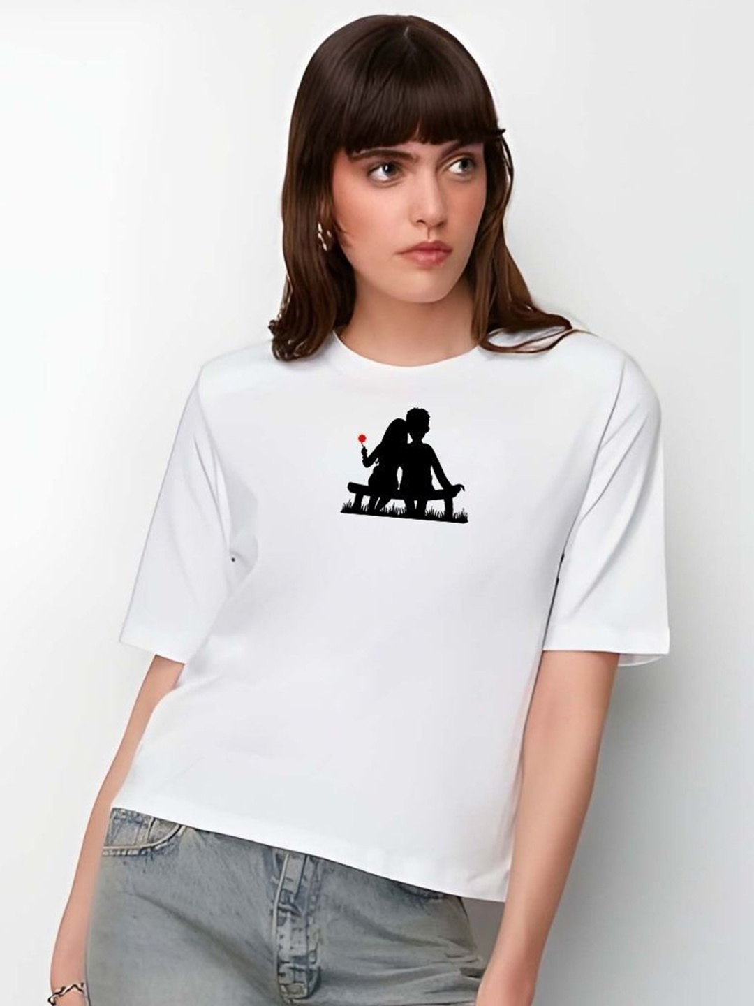 

DressBerry Women Graphic Printed Round Neck Cotton Boxy T-shirt, White
