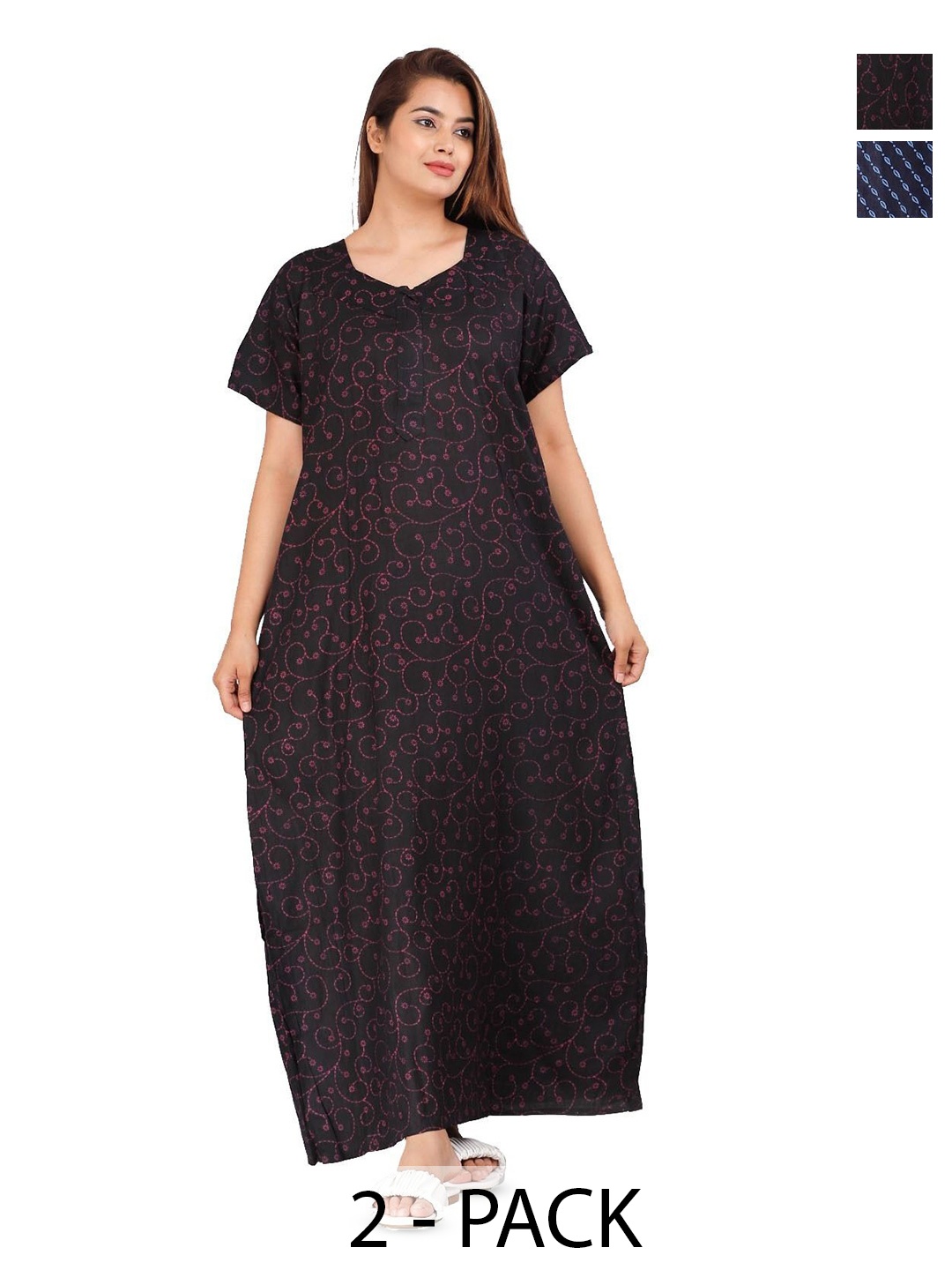 

PR PINK ROYAL Women Pack Of 2 Pure Cotton Printed Maxi Nightdress, Blue