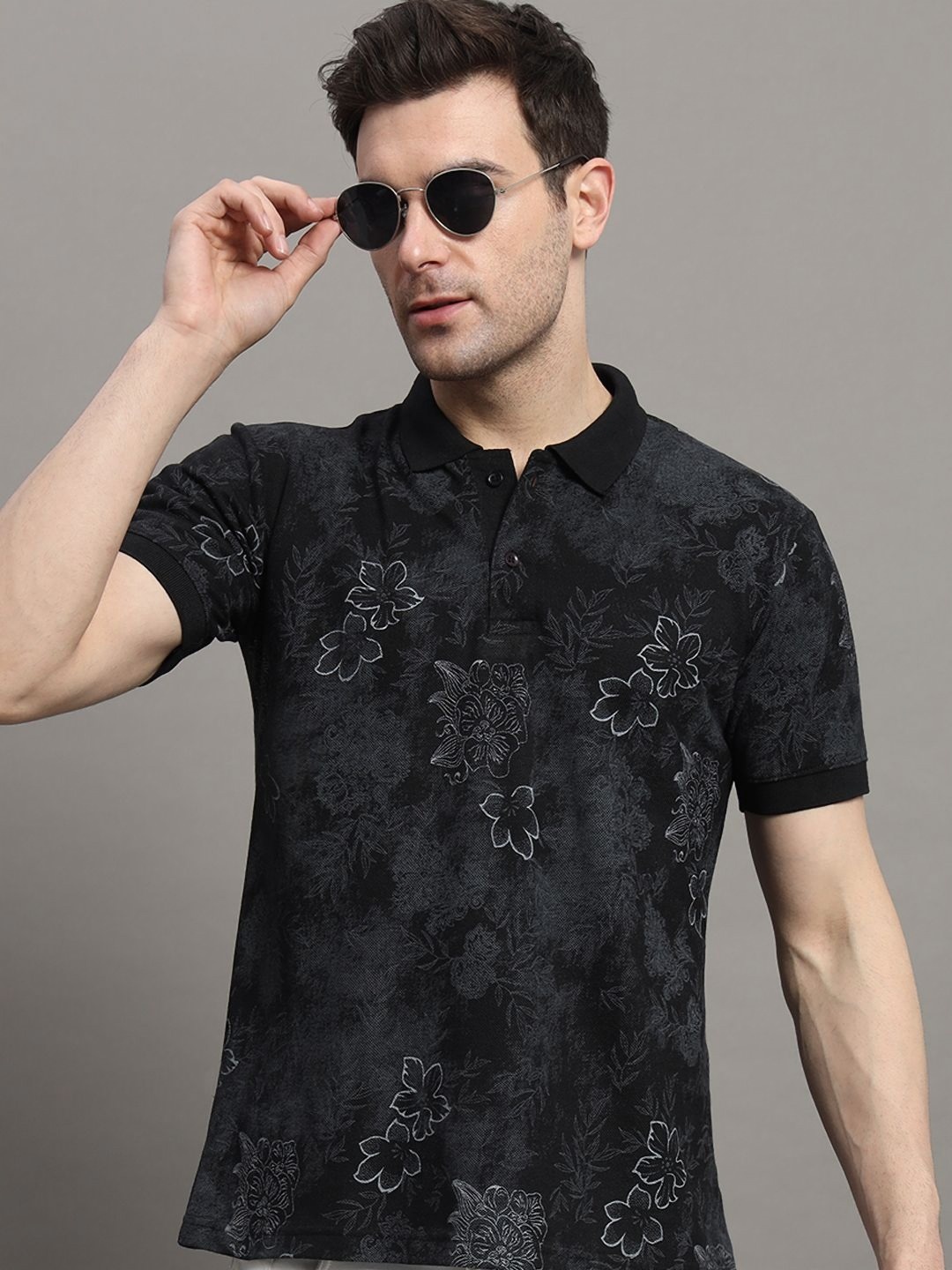 

NYKER Men Floral Printed Polo Collar Cotton T-shirt, Black