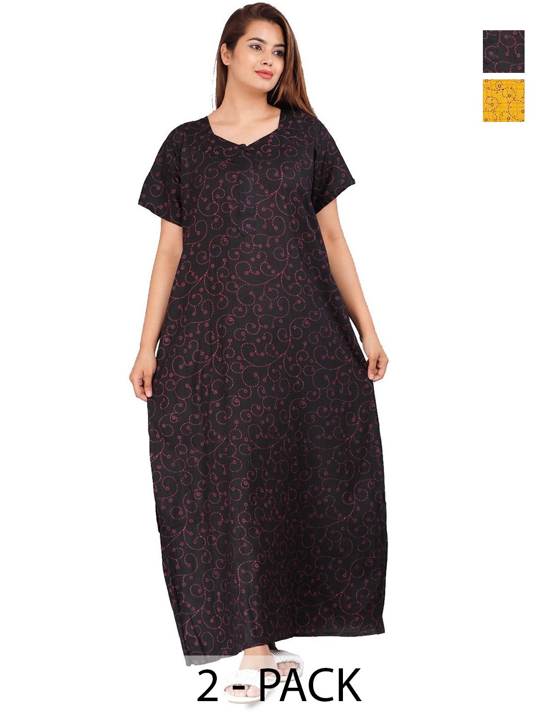 

PR PINK ROYAL Women Pack of 2 Printed Pure Cotton Maxi Nightdress, Black