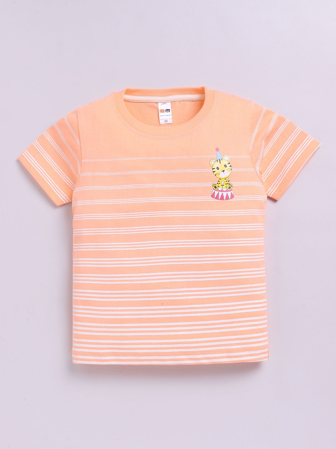 

LITTLE NINJA Boys Striped Round Neck Cotton T-shirt, Peach